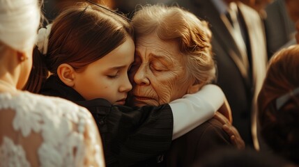 Funeral concept. Crying family and child hug grandmother for support, mourning depression and death at emotional burial event. - obrazy, fototapety, plakaty