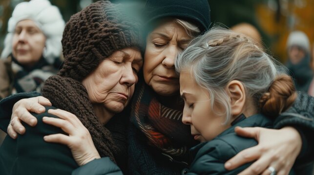 Funeral concept. Crying family and child hug grandmother for support, mourning depression and death at emotional burial event.
