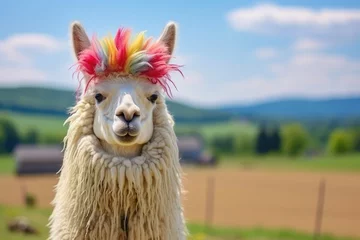 Fotobehang A close-up photograph capturing the vibrant mohawk hairstyle of a llama. © pham