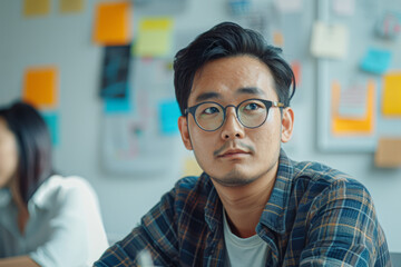 Obraz premium Asian business professionals engaged in a discussion during a corporate meeting in a modern office environment.