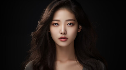 Fototapeta premium Korean Asian girl woman dark black hair beauty oriental cosmetics model profile photo white sleeveless top bareface beautiful modern 