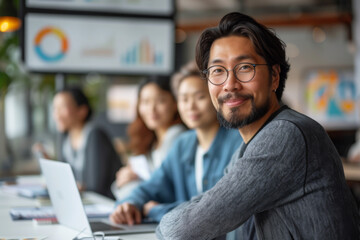 A group of Asian business professionals engaged in a discussion during a corporate meeting in a modern office environment.