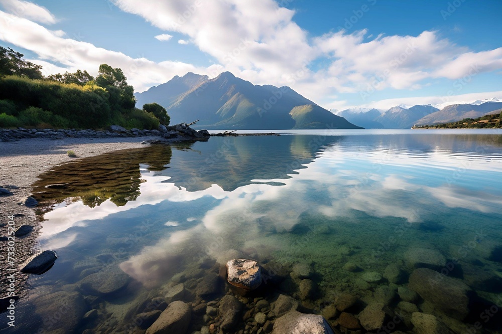 Wall mural AI generated illustration of a mountain range and lake reflecting a vibrant sky in the background