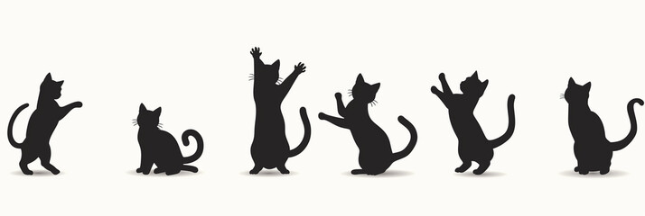 Vector Set of Playful Cat Silhouettes on White Background, Depicting Various Poses and Actions of Feline Playfulness and Charm