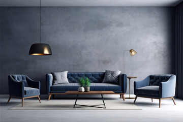 Interior of modern living room with gray walls, concrete floor, blue sofa and two armchairs near coffee table. 3d rendering