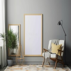 AI generated illustration of a grey chair in a room, with a blank frame and mirror next to plants