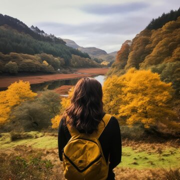 AI-generated Illustration Of A Woman Standing Near A Lake Under Autumnal Hills