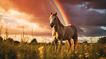 A horse in a field with a rainbow in the background