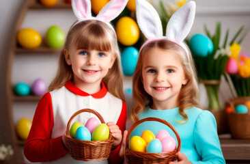 Fototapeta na wymiar Two girls with Bunny ears on her heads is happy find a eggs after Easter egg hunt.