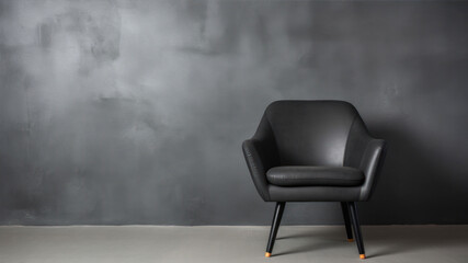 Black leather armchair on gray wall background, copy space for text