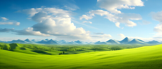 Obraz premium Natural landscape with green meadows, blue sky with clouds and mountains in the background.