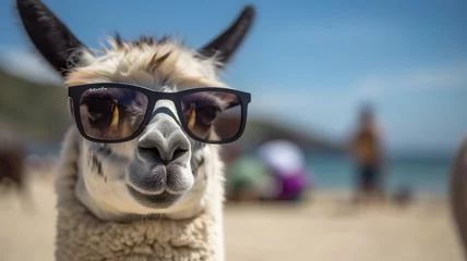 Wandaufkleber In this close-up photo, a llama confidently poses with sunglasses, adding an element of style and novelty. © pham