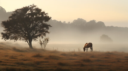 Fototapeta na wymiar A horse in a misty morning pasture