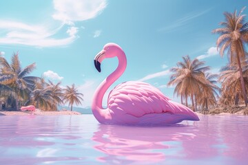 A pink flamingo stands on one leg in the middle of a body of water.