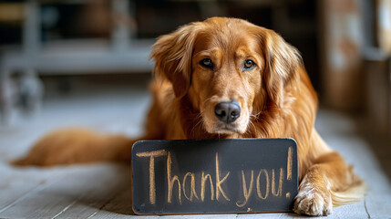 The dog with a black sign with the words "Thank you!" . Golden Retriever sits on a white background and looks into the camera with an advertising banner.