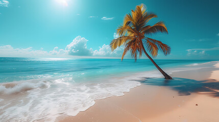 Fototapeta na wymiar palm beach and sea, The golden sand beach, shining in the sun, meets the blue sea, slice perspective generative AI