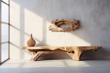 A wooden table with a vase placed on top, creating a simple and elegant composition.