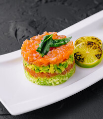 Salmon tartare with avocado on plate