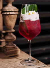 red fresh exotic alcoholic cocktail and pineapple leaf