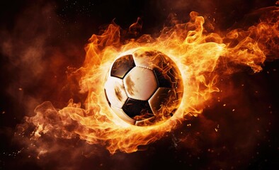 Fototapeta premium A soccer ball engulfed in flames stands out against a stark black background.