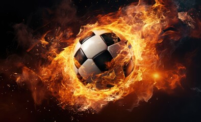 Naklejka premium A soccer ball is seen at the center of a raging fire, engulfed in flames.