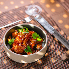 Gourmet fried squid Yakuza and sesame top view