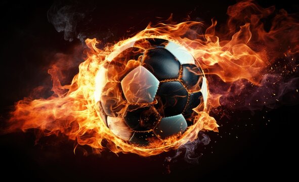 A soccer ball is seen in the midst of blazing flames, creating a visually striking image.