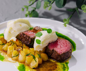 beef medallions with mashed potatoes and celery