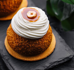 chocolate shu cake on stone board