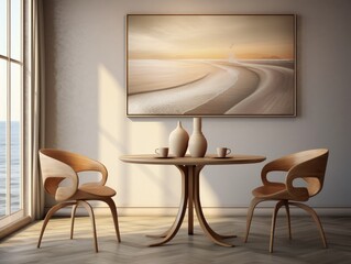 A realistic painting showing two chairs and a table placed in front of a window.