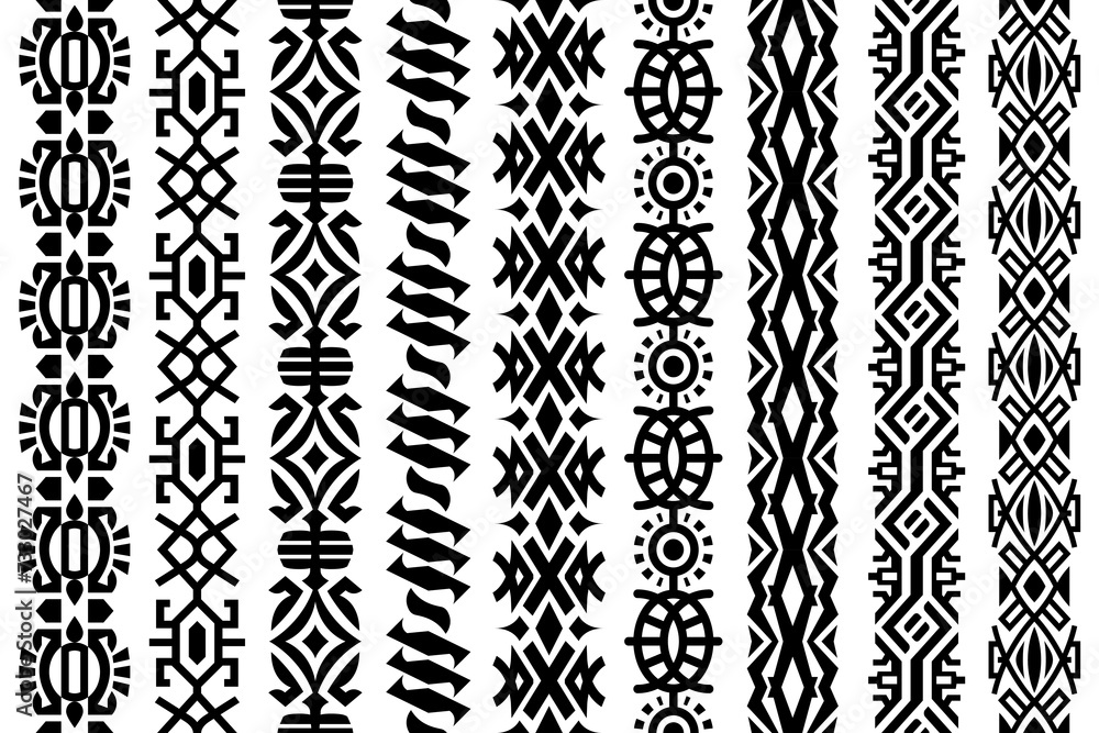 Poster abstract lace trim decorative patterns set. black chained long geometric ribbon patterns. abstract v