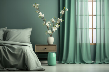A bedroom with green walls and curtains features a comfortable bed as the main focal point.