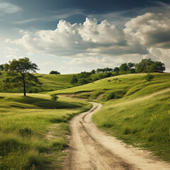 Embark on a tranquil journey through lush greenery along a scenic dirt road. AI generative.