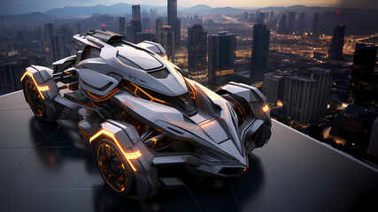 Futuristic vehicle parked on high ground the background is cityscape far away can be used to supplement advertisements for other product or service related to technology, the future, luxury or modern.