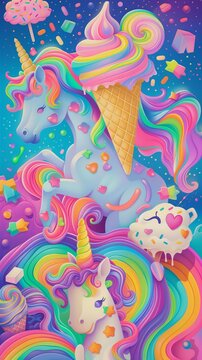 rainbows and ice creams and unicorns in style of tripping psychedelic, vibrant pastel colors
