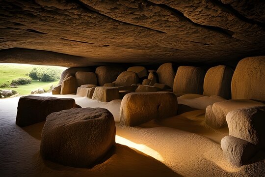 Exploring History: Interior View of Dehus Dolmen Neolithic Tomb in Guernsey