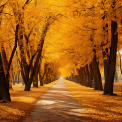 Beautiful fall foliage in an autumn alleyway with golden hues. AI generative.