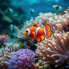 Immerse yourself in the beauty of the ocean with a clownfish swimming near colorful coral and anemones. AI generative.