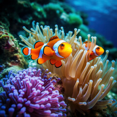 Naklejka na ściany i meble Immerse yourself in the beauty of the ocean with a clownfish swimming near colorful coral and anemones. AI generative.