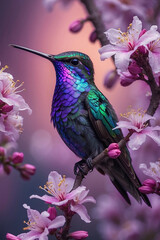 A beautiful hummingbird, in purple-green plumage, sitting on a branch of cherry blossoms