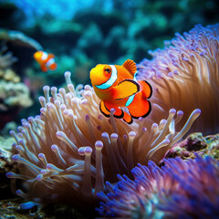 Naklejka na ściany i meble Explore the underwater world as a clownfish gracefully glides past vibrant coral reefs and anemones. AI generative.
