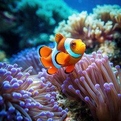 Naklejka na ściany i meble Dive into the vibrant marine life with a clownfish swimming among colorful coral and anemone. AI generative.