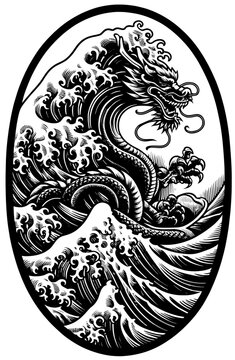 Traditional Japanese-style dragon intertwined with stormy waves, symbolizing maritime power, designed as a bold monochrome logo for surf gear.