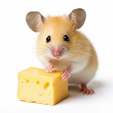 A cute mouse enjoying cheese, leaving behind tiny crumbs, isolated on white. AI generative.