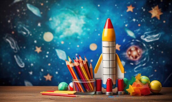 A toy rocket is placed on top of a sturdy wooden table.