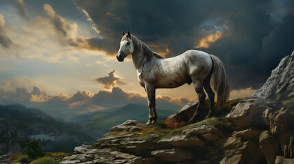 A horse standing on a rocky cliff
