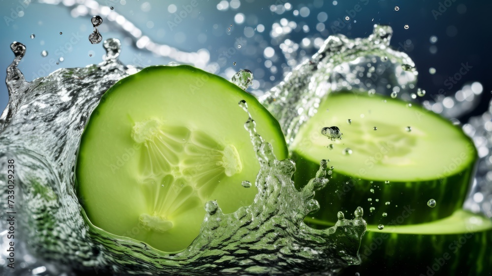 Poster a cucumber slice making a refreshing splash in a cucumber salad