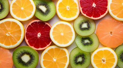 Fototapeta na wymiar A colorful array of fresh fruit slices arranged in a pattern