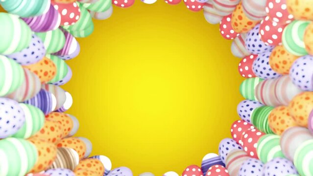 A bright yellow circle surrounded by multicolored Easter eggs with various patterns.