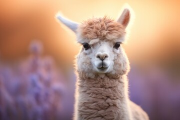 Fototapeta premium A detailed view of a llama up close, set against a blurry background.